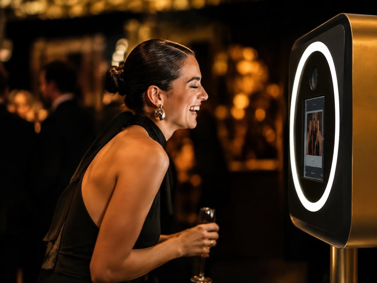 A guest laughing in front of a modern photo booth at an evening event